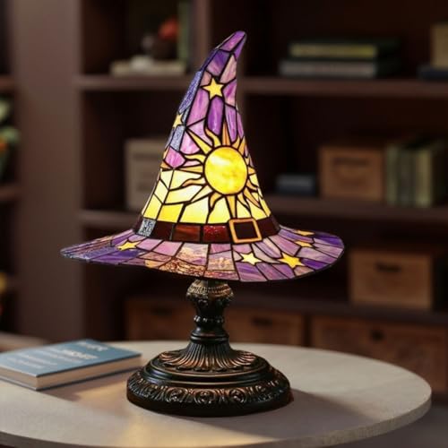 HatLeb Witch Hat Lamps, Handcrafted Stained Glass Resin Wizard Hat