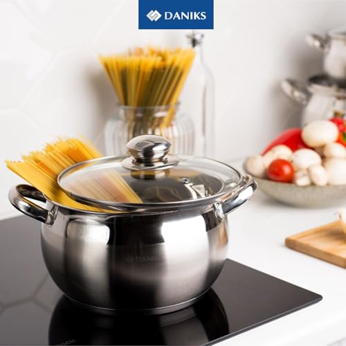 Image of Daniks Classic 6.5 Quart Stainless Steel Stock Pot with Glass Lid, Tri-Ply Bottom for Even Heating, Induction Compatible, Dishwasher Safe