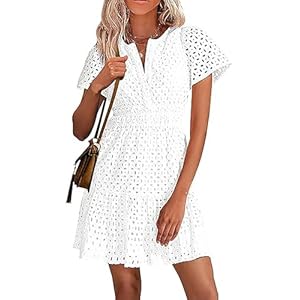 Sommerkleid Damen Kurz A Linie Kleid Abendkleid Elegant Aushöhlen Bestickt Rüschen Minikleid Partykleid Freizeit V-Ausschnitt Kurzarm Sommer Süß Strandkleid