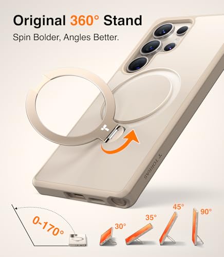 Image of TORRAS 360 Spin Magnetic Stand for Samsung Galaxy S25 Ultra Case Beige Gold, Fit for Magsafe, Military Grade Slim Protective S25 Ultra Case with Kickstand Rotatable, Ostand Spin, Aesthetic Dune