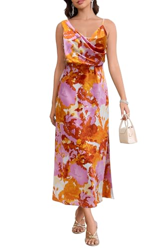 Image of Women's Summer Satin Dress Elegant Cowl Neck Adjustable Spaghetti Strap Wedding Guest Cocktail Party Maxi Dresses