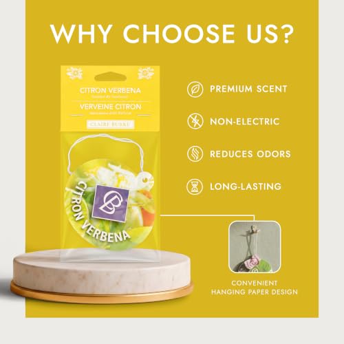 Image of Claire Burke Citron Verbena Hanging Car Air Freshener - Luxury Scent, Long-Lasting Odor Neutralizer | Up to 30 Days | Made in USA | Strong Air Freshener for Car | Pack of 6