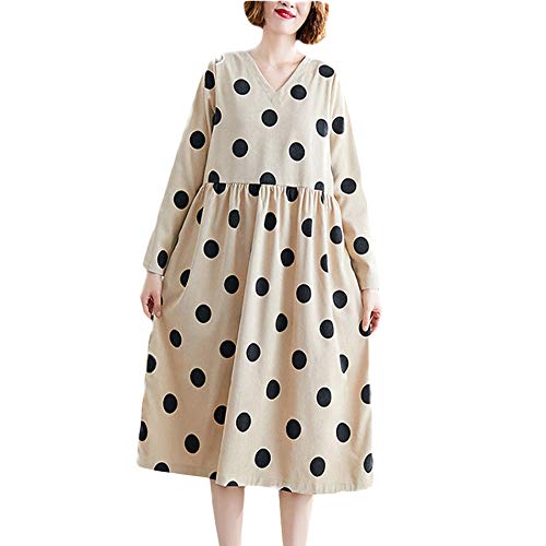 Minibee Women' Polka Dots Dress Long Sleeve Midi Dress with Pockets V-Neck Tunic Tops Khaki M