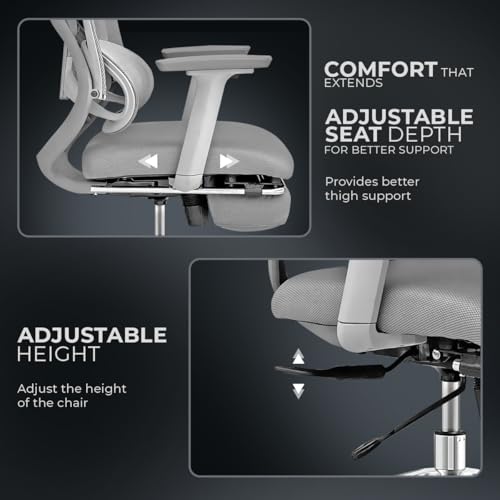 Image of Kepler Brooks Vogue Pro Premium Office Chair for Work | 3-Yr Warranty | Ergonomic Office Chair, Study Chair, 2D Headrest, 3D Arms, Multi Lock Seat Slider with Legrest, Heavy Duty Metal Base (Grey)