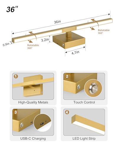 Image of Rayogale Gold Battery Operated Wall Sconce with Remote Control 36 Inch | 3000 /4500 /6000K Dimmable 8000mAh Wireless Rechargeable Wall Sconces Set of Two with Timer for Living Room, Bedroom, TV