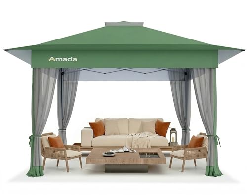 Amada 13x13 Pop Up Outdoor Gazebos on Clearance for Backyard & Patio Furniture with Wheeled STO-N-Go Cover Bag Carpa Pop Up Tent with Shelter Mosquito for Patio Lawn Garden(1313ft Green)