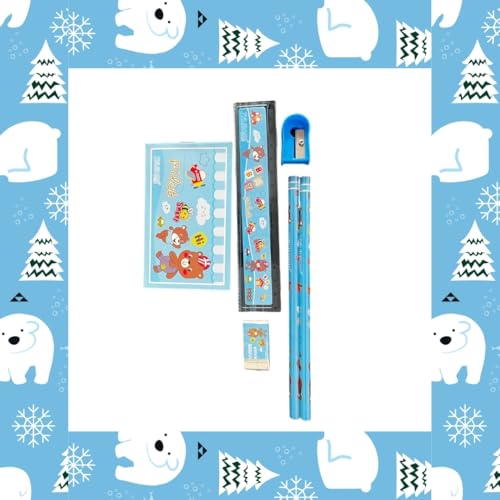 Image of Kids School 7-Piece Stationery Set (Pack of 2) | Pencil Case | Kids Design | Sky Blue | Boys & Girls | Age 4-12