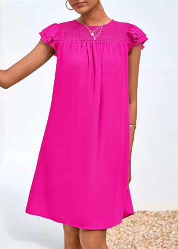 Image of KIRUNDO Wedding Guest Shift Dresses for Women Short Spring Summer Ruffle Cap Sleeve Chiffon Babydoll Flowy Mini Sundress(Bright Rose Red, Large)