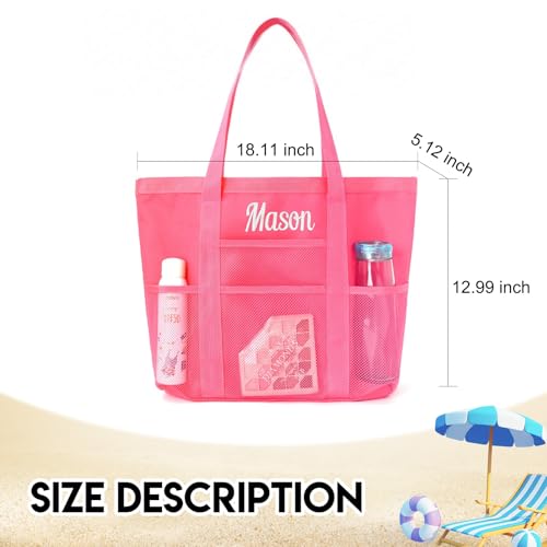 Personalized Beach Tote Bag for Women Custom Embroidered Name Large Mesh Sandproof Swim Bag, Foldable Travel Tote2