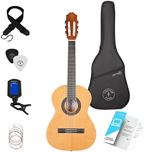 Stretton 3/4 Sized Kids age 7 to 11 Acoustic Guitar Package – Everything a Beginner Needs to Learn to Play - 36' inch Classical Nylon String Childs Guitar Pack - Natural
