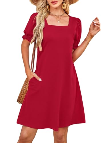 RUMIA Summer Dresses for Women 2025 Casual Cute Square Neck Puff Short Sleeve Dress with Pockets