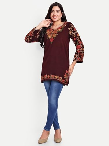 Image of HAUTEMODA Women Woollen Short Kashmiri Embroidery Phiran Kurta