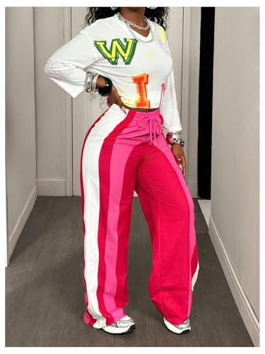 Women's Color Block Baggy Sweatpants Wide Leg Drawstring Waist Track Pants Long Trousers4