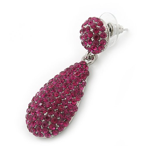 Bridal, Prom, Wedding Pave Fuchsia Austrian Crystal Teardrop Earrings In Rhodium Plating - 48mm Length4