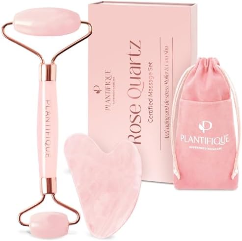 Plantifique Genuine Rose Quartz Face Roller and Gua Sha Stone Set – Anti Aging Rose Quartz Face Roller and Gua Sha Facial Tools for Face, Eyes, Neck – Face Massager Beauty Skin Care Products