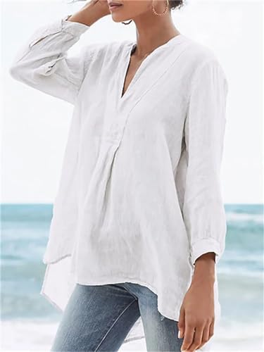 Women Solid Color Beach Shirts Spring Summer Casual Long Sleeve Blouses V Neck Tunic Tops3