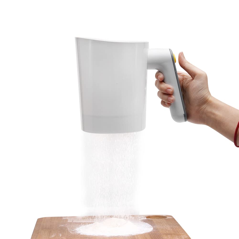 Tamis à farine électrique à piles, en acier inoxydable, outil de cuisson, shaker en maille en acier inoxydable, passoire à poudre, passoire à pâtisserie (blanc) Taille unique