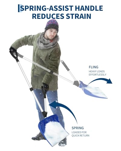 Snow Shovel, 18x13 Inch Blade with Assisted D-Ring Aluminum Handle for Efficient Shoveling, 3.5LBS Lightweight, for Driveway, Garden, Patio, Walkway & Outdoor Camping Use, Blue