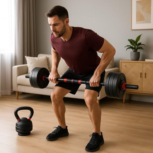 6 In 1 Dumbbell Adjustable Weight Lifting Barbell Bar Kettlebell Weights Set | Bodybuilding Barbell Bench Press Exercise Fitness Training Home Gym Workout Dumbbells Set (30, Kilograms) - 8