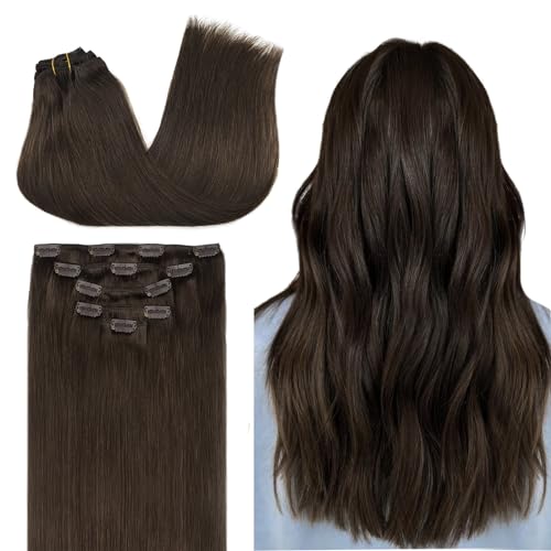 Image of DOORES Clip in Human Hair Extensions, 80g 5pcs Light Dark Brown 20 Inch Remy Hair Extensions Clip in Straight Natural Hair Extensions