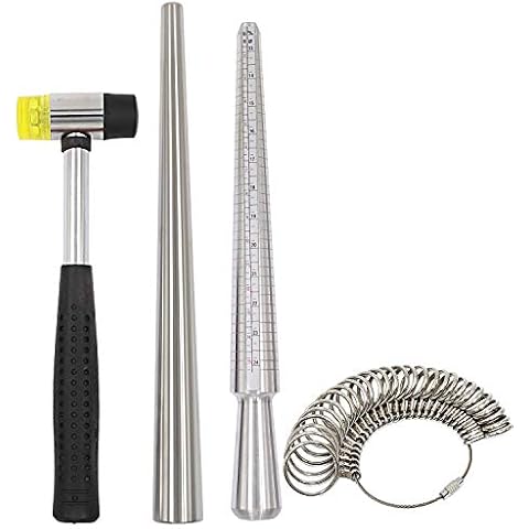 Yasumai Ring Sizer Mandrel Measuring Tool with Ring Sizing Guage of 27 Pcs Circle Models, Metal Mandrel Finger Measuring Stick Loop Jewelry Sizer Tool and Rubber Jewelers Hammer Mallet Cover