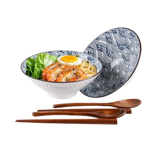 CZCMYAU 1200ml Ceramic Ramen Bowl Set of 2 with Chopsticks and Spoons Large Japanese Udon Soba Asian Soup Noodle Bowls Microwave Safe