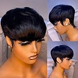 YJOQOKOA Short Pixie Cut Wigs for Black Women Human Hair Glueless No Lace Front Pixie Wig Short Layered Brazilian Virgin Human Hair Wigs For Women Natural Black 1B#