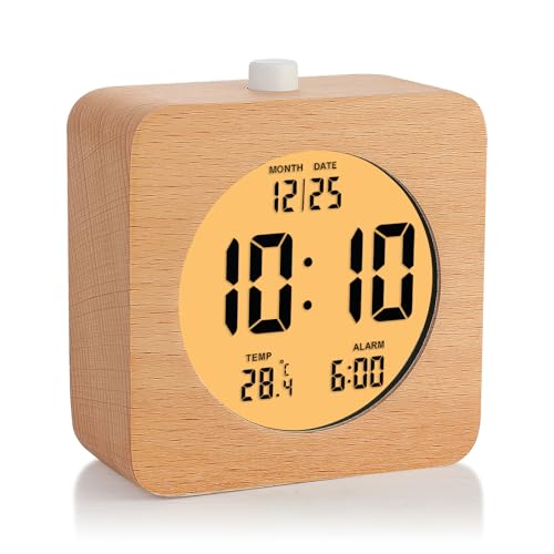 Plumeet Reloj Despertador Electrónico de Madera, 4' Reloj Despertador a Pilas de Madera, con Función de repeticióny Luz Nocturna, Reloj Electrónico de Escritorio Que Muestra la Fecha/Temp, Cuadrado