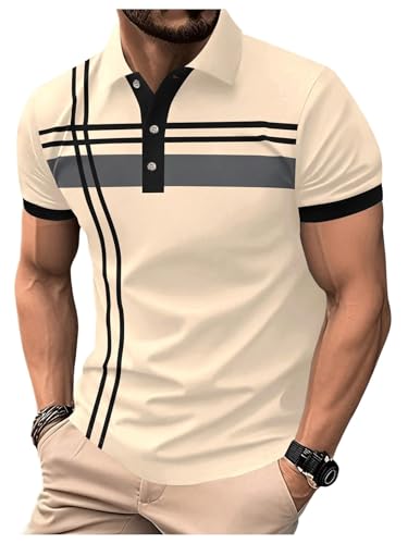 SOLY HUX Men's Casual Golf Shirts Short Sleeve Button Down Striped Collared Shirts Summer Work T-Shirt