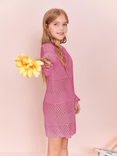 Image of Batermoon Girls Crochet Long Sleeve Swimsuit Cover Up Kids Fashion Hollow Out Swimwear Beach Dress 5-14 Years