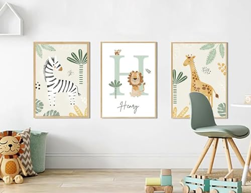 Miniatura 5 de Youihom 3 Cuadros Animales Selva 30x40 Porter Nombre Personalizado Bebe Verde Boho Infntiles De Animales Jirafa Zebra Poster Lienzo Sin Marco