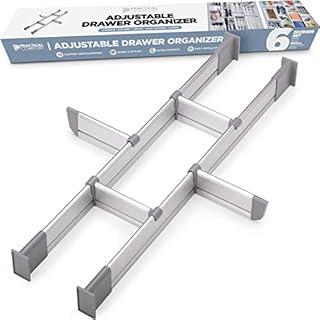 Practical Comfort Adjustable Drawer Organiser | Elegant Aluminum, Customisable for Clutter-Free Kitchen, Junk Drawer, Office, Clinic | 6 Drawer Dividers (2 Long + 4 Short), Small 39 CM - 44.5 CM deep