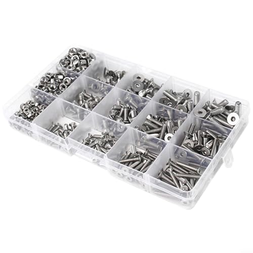 Helilyco 880 piezas M2-M5 para tornillos de cabeza hexagonal de acero inoxidable, tornillos, tuercas, arandelas, kit surtido de sujetadores de grado 304 con estuche
