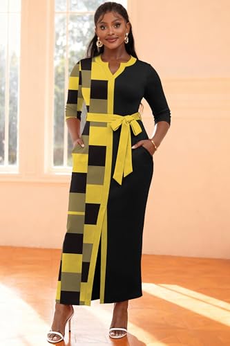 Image of Nmoder Maxi Dress for Women Long Church Cocktail Casual Dresses Colorblock Front Split 3 /4 Sleeve V Neck Pencil Dress