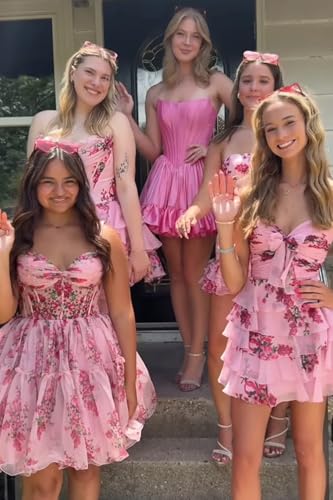 RYANTH Strapless Short Ruffle Homecoming Dresses for Teens 2025 Floral Chiffon Prom Dress Corset Cocktail Gowns with Bow2