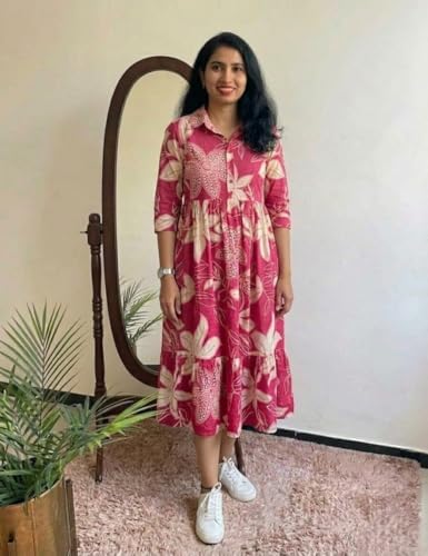 Image of ROYALICA Women's Pure Cotton Maxi Midi Dress Western Dress for Women Elegant Floral Printed Long Dresses | Soft & Breathable Fabric | Casual Trending Dress for Women