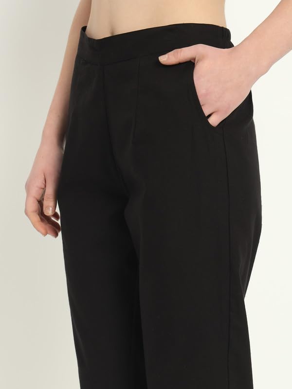 Image of Women's Solid Straight Fit 100% Cotton Trousers | High Waist, Side Pockets, Ankle Length Pants for Office, Casual