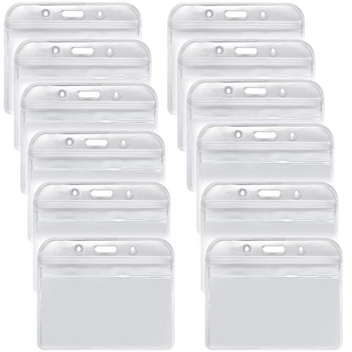 YOUOWO 12 Pack Horizontal ID Card Badge Holders 3.2 x 3.85 inches, Fits 2.3 x 3.5 Name Tag Insert Waterproof Punched Zipper Resealable Clear Plastic Labels Credit Cards