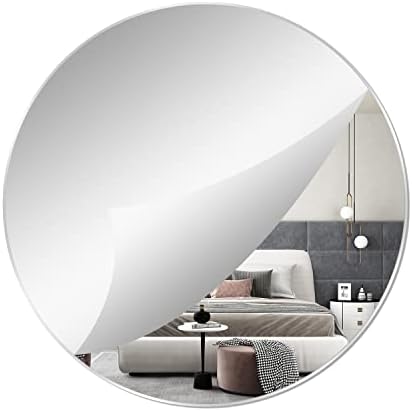 QEEYON 16'' Round Wall Mirror Self Adhesive Circle Glass Mirror HD Large Wall Mirror Makeup Mirror Frameless Decoration Wall Mirror for Bathroom, Bedroom, Living Room, Door etc