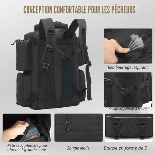BlesMaller Sac à Dos de Pêche 50L avec Supports de Canne & 4 Boîtes – vue 5