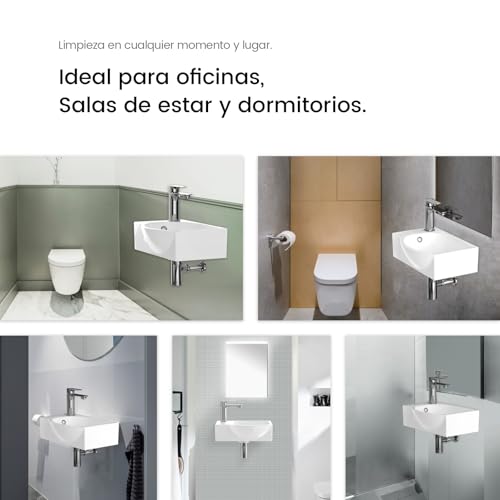 EMKE Hängewaschbecken 405 x 280 x 140 mm – Kompaktes und elegantes Waschbecken für kleine Badezimmer und Gäste-WC – Wasserhahn auf der linken Seite, Wandmontage, Hochglanzweiß