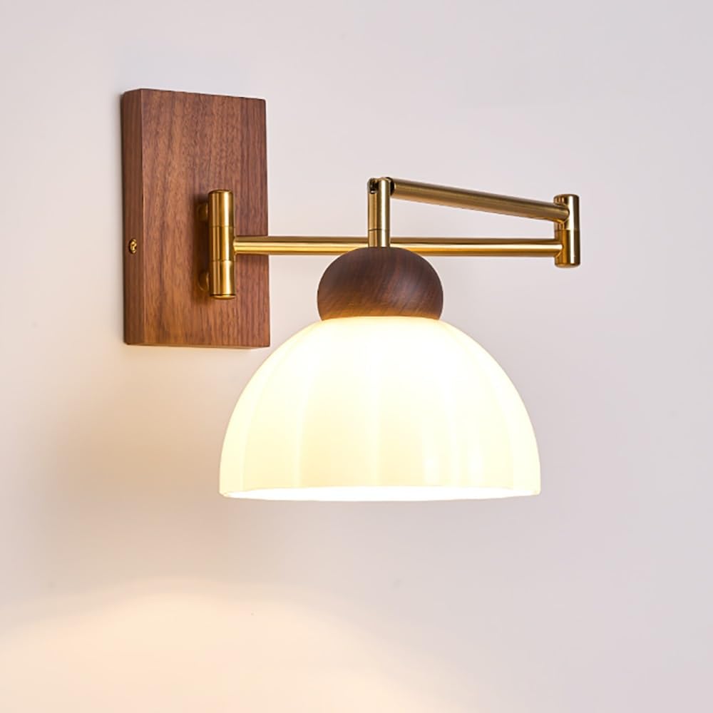 Lampy Ścienna Ramię Obrotowe Vintage Szklana Kopuła, Kinkiet Podstawa Drewno Styl Rustykalny Regulowany Oświetlenie Ścienne Sypialnia(18cm/7.08in)