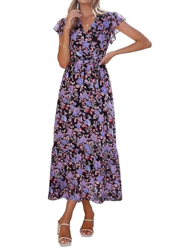 Image of PRETTYGARDEN Women's Summer Floral Boho Maxi Dress | Short Sleeve Wrap V Neck, Long Flowy Ruffle Dresses, Spring Wedding Guest Outfits for Beach Vacation, Resort Wear, Tea Party