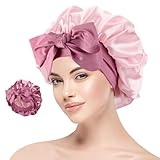 Silk Bonnet for Sleeping Women, Flaviao Satin Hair Bonnet Reversible Double Layer Sleep Cap Bonnet for Women Men for Curly Natural Hair with Elastic Tie Band (Leather Red + Pink)