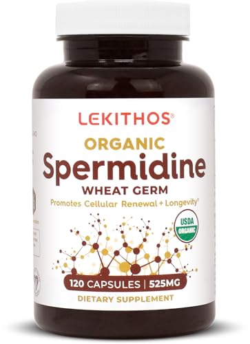 Lekithos Organic Spermidine Capsules, Daily Wheat Germ Supplements for Men and Women, 120 Powder Capsules, 1050mg Per Serving, Vegan, Non-GMO