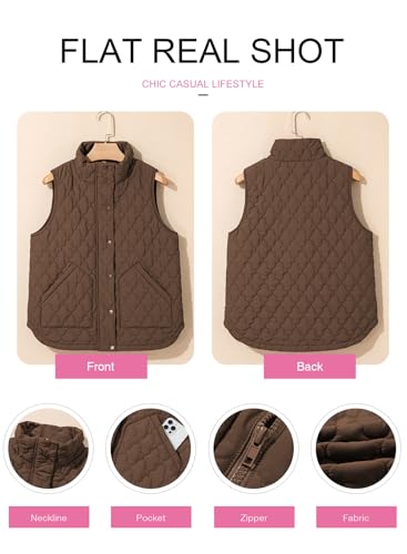 EVALESS Fall Jackets For Women Trendy 2025 Winter Cropped Lightweight Quilted Puffer Vest Fashion Spring Sleeveless Stand Collar Zip Up Outerwear Coat,Dark Brown Medium - Thumbnail 5