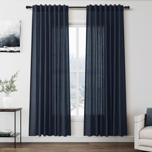 Image of Vintage Blue Linen Curtains 72 Inch Length for Living Room Lightweight Door Drapes 2 Panels Set for Kids Bedroom Sheer Light Filtering Back Tab Rod Pocket Curtain for Kitchen Protect Privacy 52x72