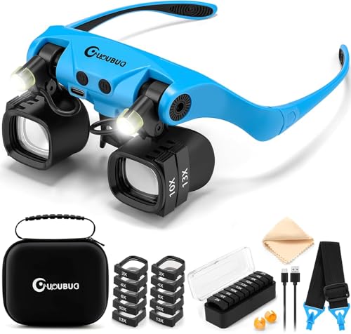 GUOUBUO Magnifying Glass with Light 2X 4X 6X 10X 13X Magnifying Glasses Lens Switchable Binoculus Loupe w/Storage Case Rechargeable Head Mount Magnifier for Close Work Watch Repair Crafts Jewelry