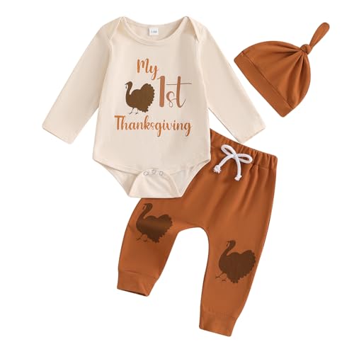 Image of Karuedoo My First Thanksgiving Baby Boy Outfit Newborn Long Sleeve Romper Long Pants with Hat 3Pcs Thanksgiving Outfits