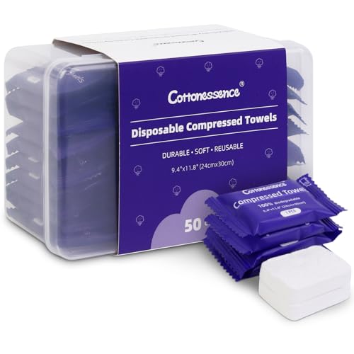 Cottonessence Premium Compressed Towels (50-Pack) - 9.4" x 11.8" Individually Wrapped Coin Tissues, Portable Towels for Travel, Hiking, Gym, Spa, Beauty Salon, Makeup, Baby Care, Outdoor Use